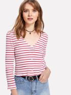 Romwe Button Front Striped Crop Ribbed Tee