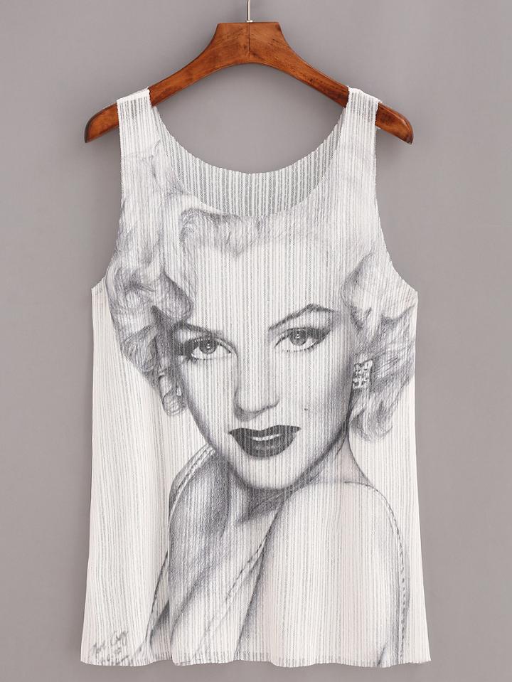 Romwe Striped Portrait Print Tank Top - White