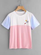 Romwe Color Block Embroidered Stripe Sleeve Tee