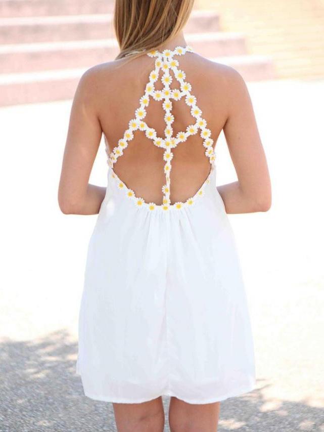 Romwe White Daisy Lace Trim Caged Back Dress
