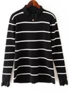 Romwe Striped Lace High Neck Black Sweater