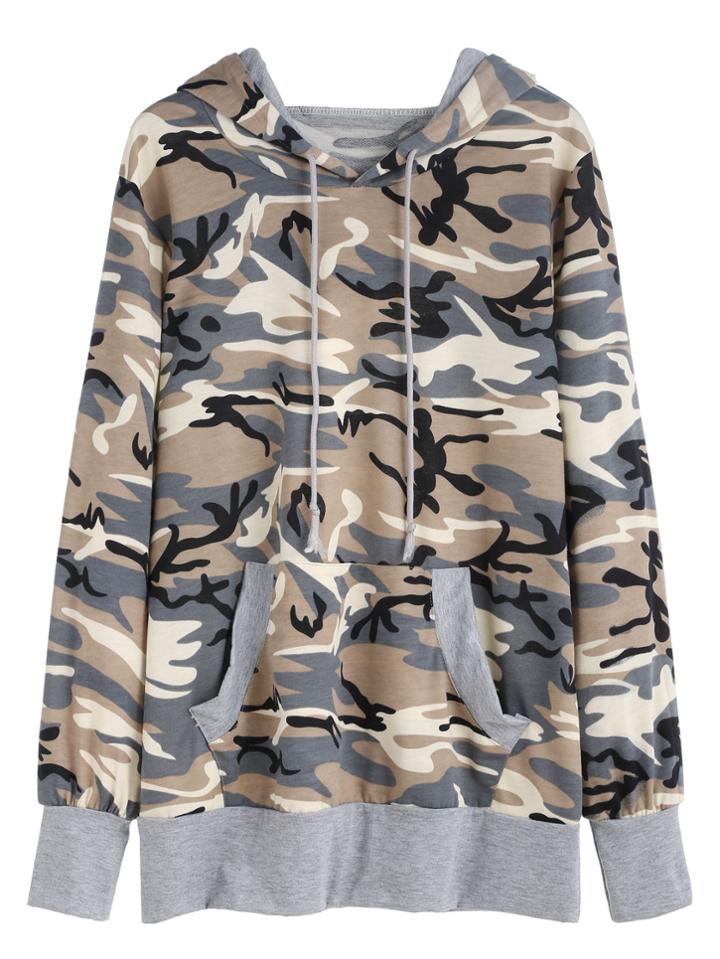 Romwe Camo Print Contrast Trim Drawstring Hooded Pocket Sweatshirt