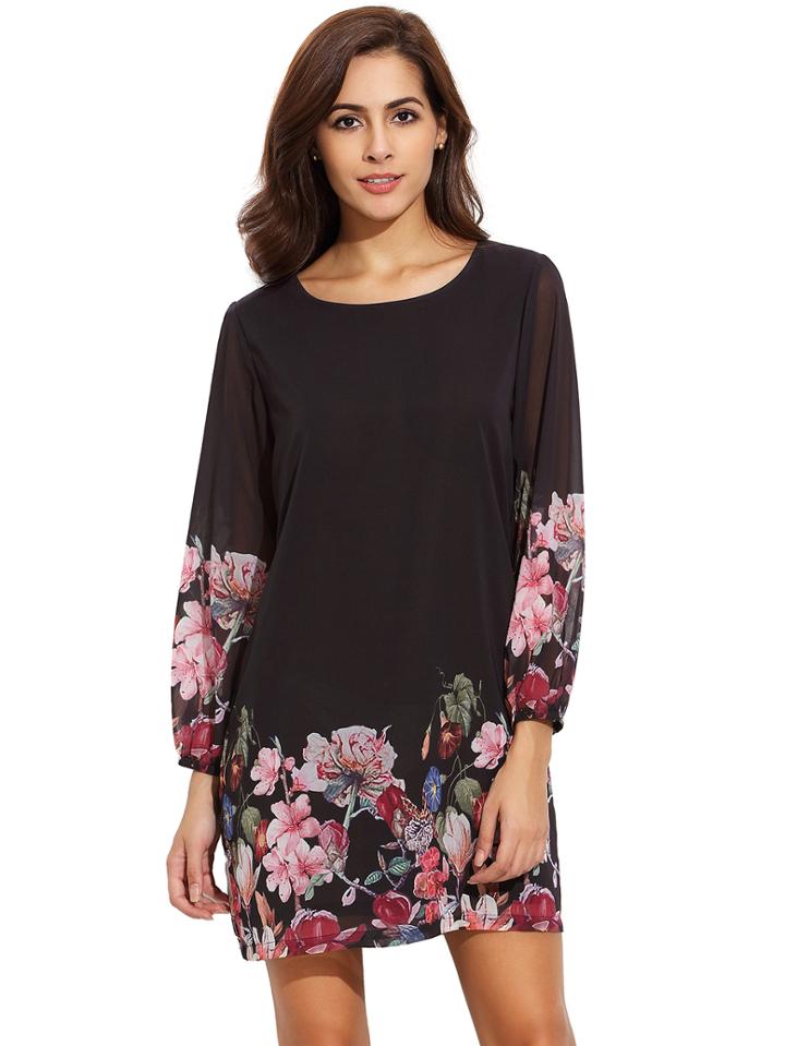 Romwe Black Lantern Sleeve Floral Shift Dress