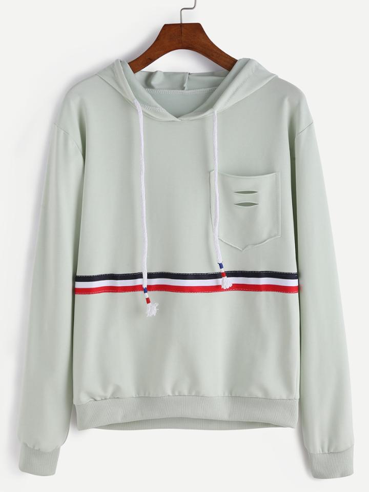 Romwe Pale Green Striped Trim Drawstring Hooded Pocket Sweatshirt