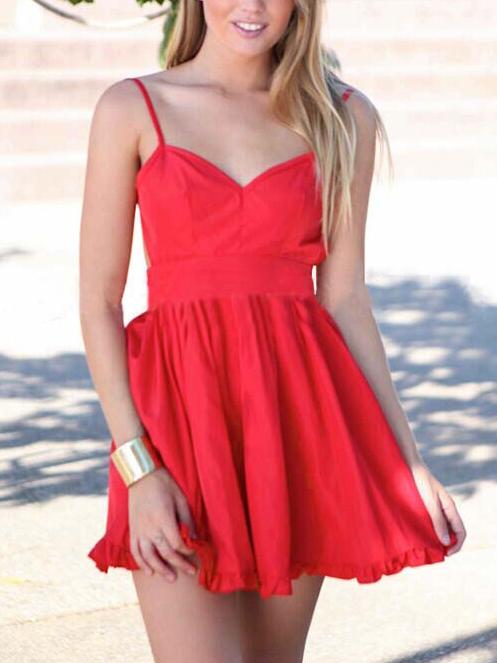 Romwe Backless Ruffle Hem Skater Dress - Red