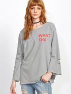 Romwe Grey Letters Print Distressed T-shirt With Rolled Hem
