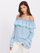 Romwe Lace Applique Layered Sleeve Flounce Bardot Blouse