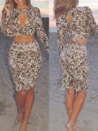 Romwe Long Sleeve Open Front Crop Top With Leopard Skirt