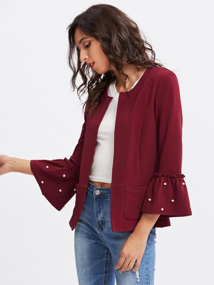 Romwe Pearl Beading Bell Sleeve Blazer