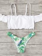 Romwe Lettuce Edge Tropical Print Bikini Set