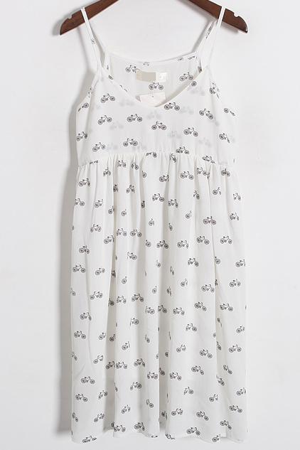 Romwe Spaghetti Strap Bicycle Print Chiffon White Dress