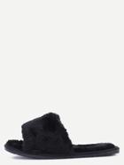 Romwe Black Faux Fur Flat Slippers