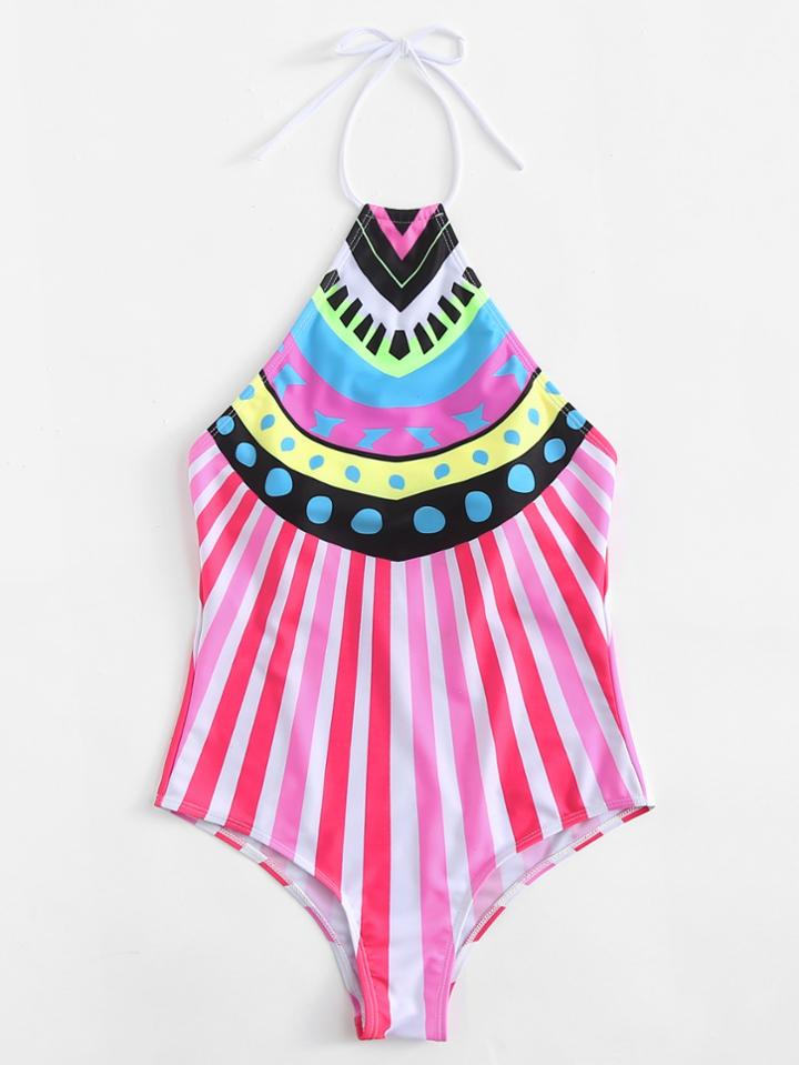 Romwe Striped High Neck Swimsuit