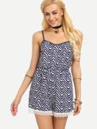 Romwe Lace Trimmed Chevron Print Cami Romper - Navy