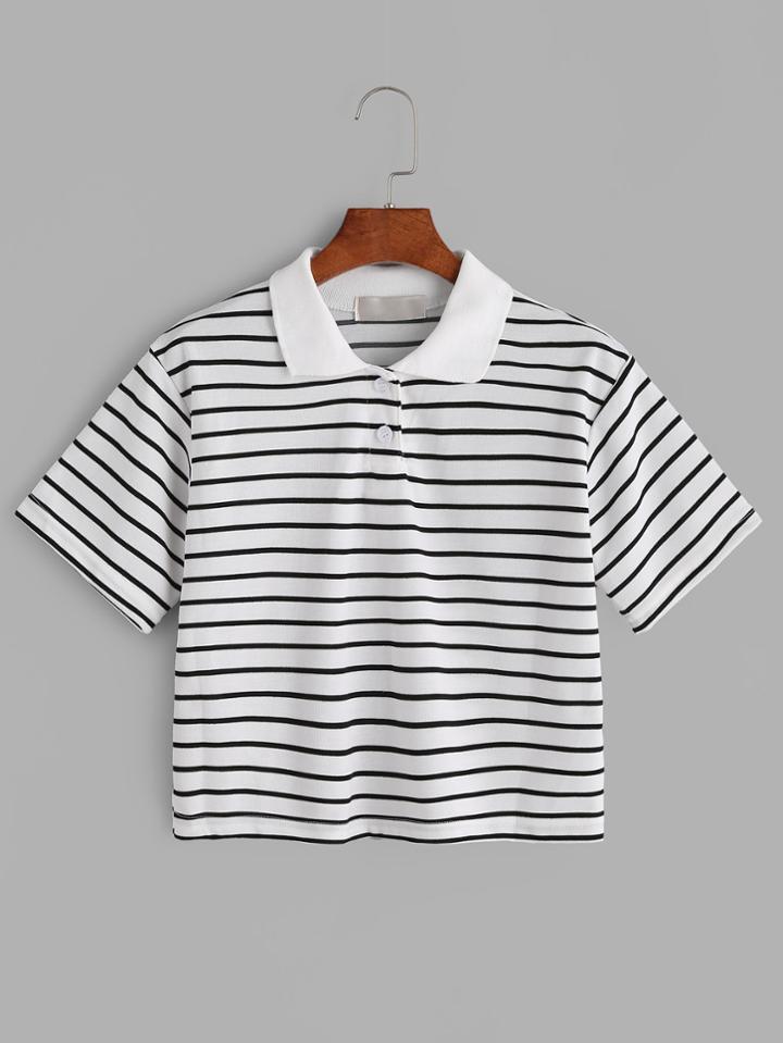 Romwe White Striped Contrast Collar T-shirt