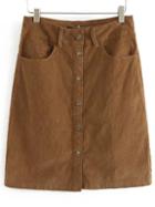 Romwe Brown Buttons Pockets Corduroy Skirt