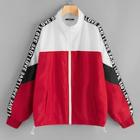 Romwe Plus Drawstring Hem Colorblock Lettering Tape Jacket