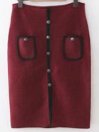 Romwe Burgundy Front Pocket Button Up Slit Bodycon Skirt
