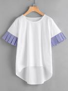 Romwe Contrast Gingham Frill Trim Dip Hem Top