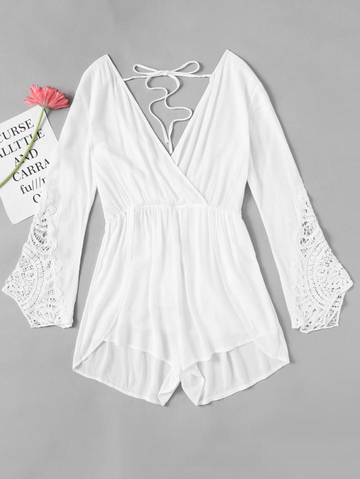 Romwe Plunge Neckline Lace Paneled Tie Back Romper