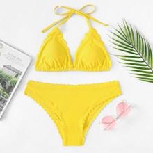Romwe Scalloped Trim Halter Top With Bikini Set