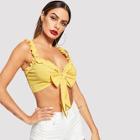 Romwe Knot Front Ribbed Knit Crop Top