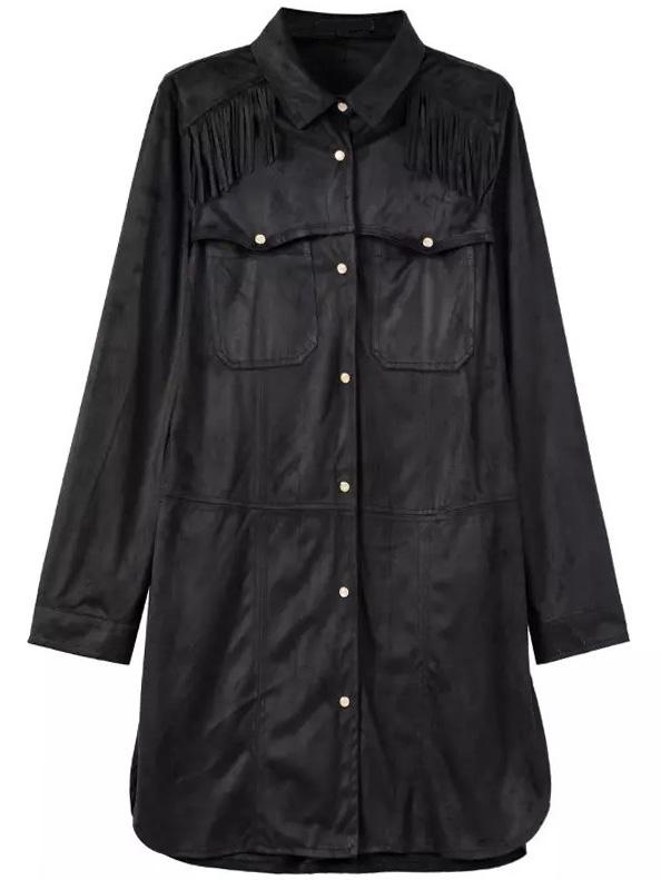 Romwe Lapel Fringe Suede Black Shirt Dress With Pockets