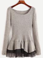 Romwe Grey Contrast Chiffon Scoop Neck Sweater