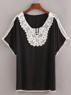 Romwe Lace Trimmed Peasant Top - Black