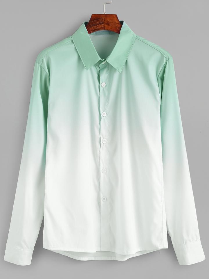 Romwe Ombre High Low Button Shirt