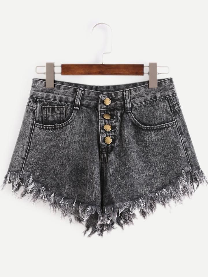 Romwe Buttoned Fly Raw Hem Grey Denim Shorts