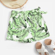 Romwe Plants Print Knot Detail Shorts