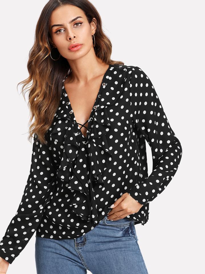 Romwe Polka Dot Lace Up Ruffle Blouse