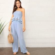 Romwe Tassel Hem Smocked Tube Top & Palazzo Pants Set