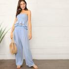 Romwe Tassel Hem Smocked Tube Top & Palazzo Pants Set