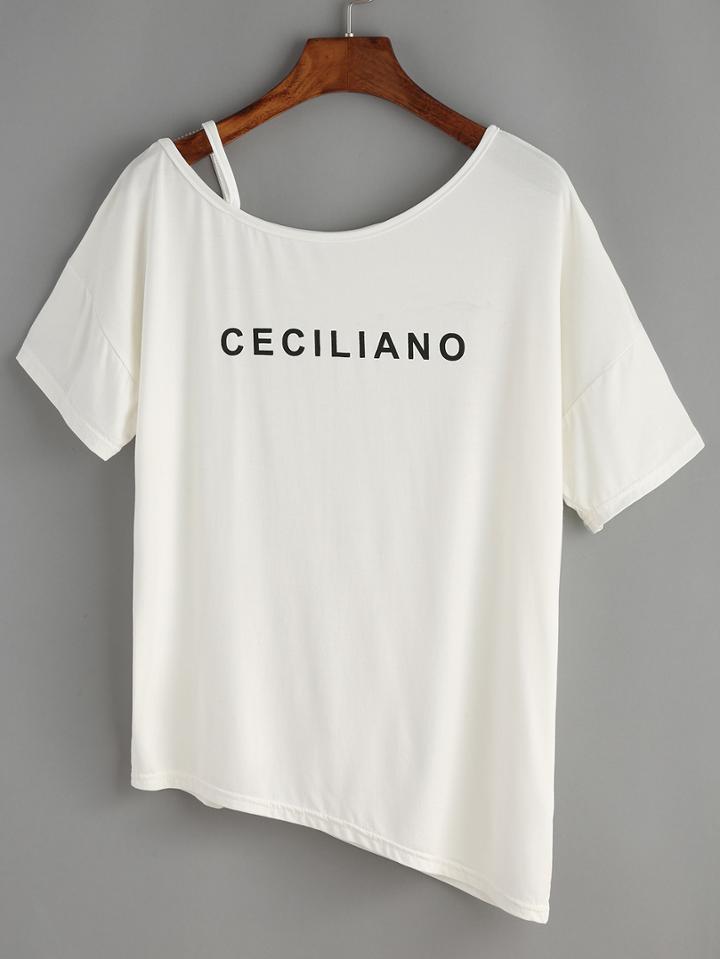 Romwe Letter Print Asymmetrical Hem T-shirt