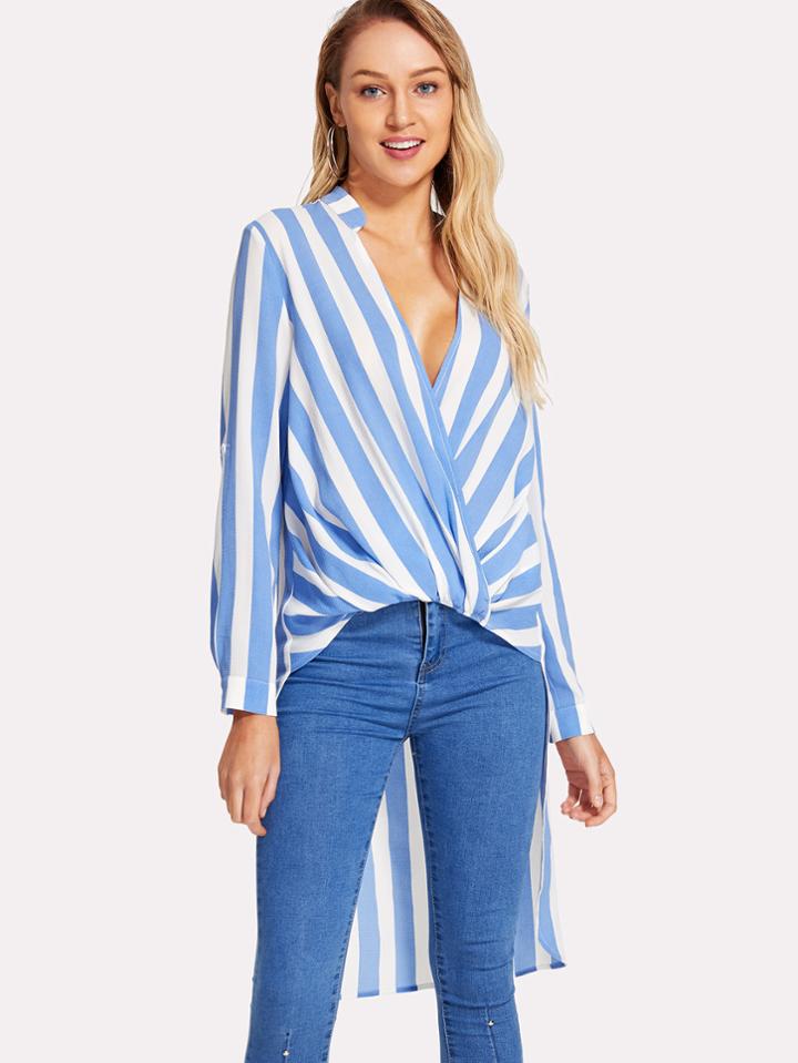Romwe Twist Front Striped High Low Top