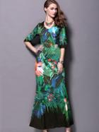 Romwe Multicolor V Neck Half Sleeve Print Dress