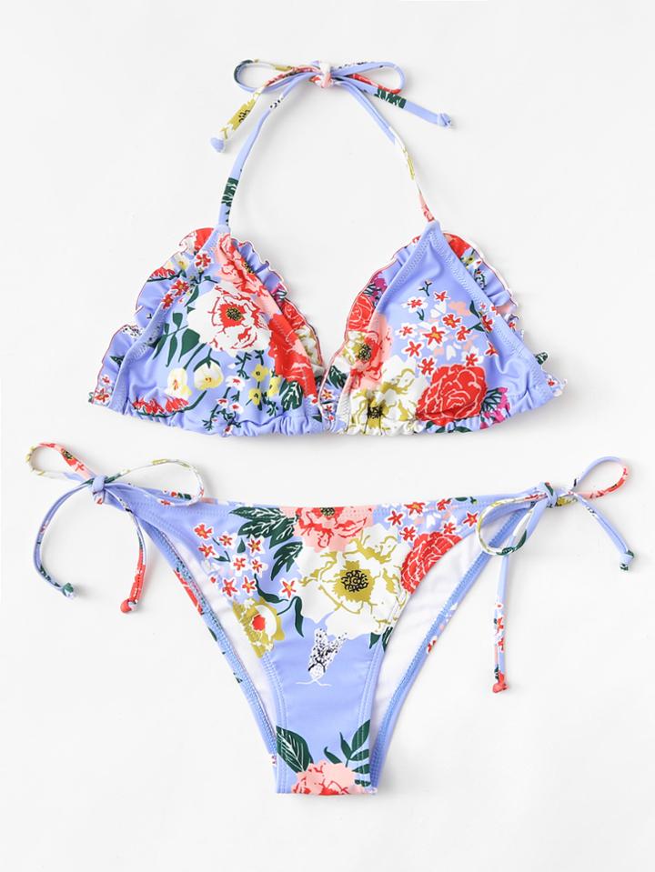 Romwe Flower Print Frill Self Tie Bikini Set
