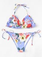 Romwe Flower Print Frill Self Tie Bikini Set