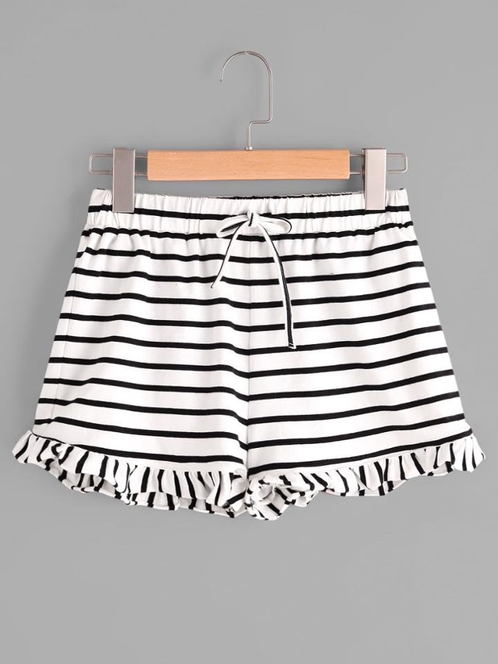 Romwe Drawstring Waist Frill Hem Striped Jersey Shorts