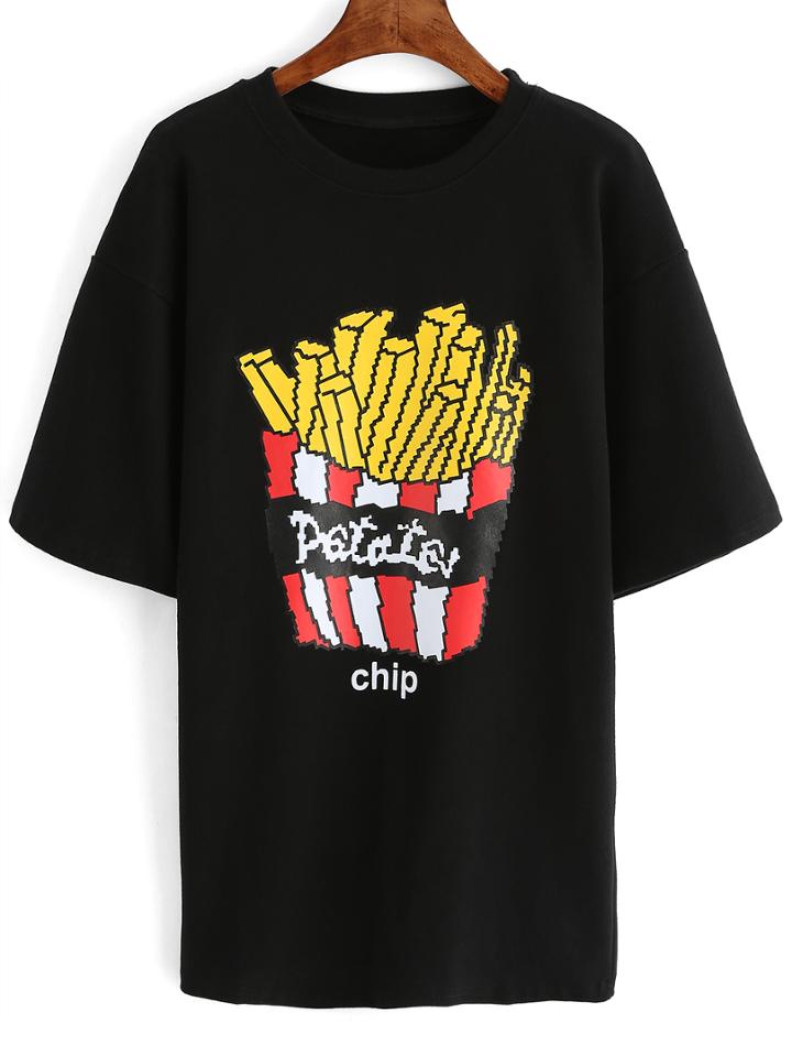 Romwe Fries Print Black T-shirt