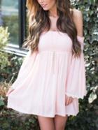 Romwe Off The Shoulder Bell Sleeve Lace Trimmed Pink Dress