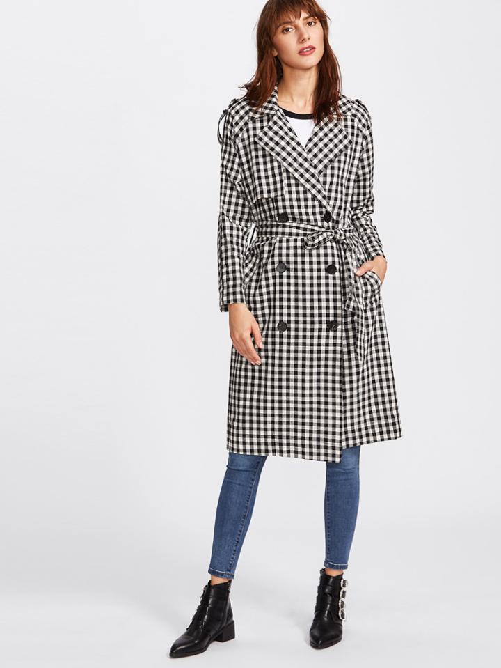 Romwe Cape Detail Self Tie Gingham Trench Coat