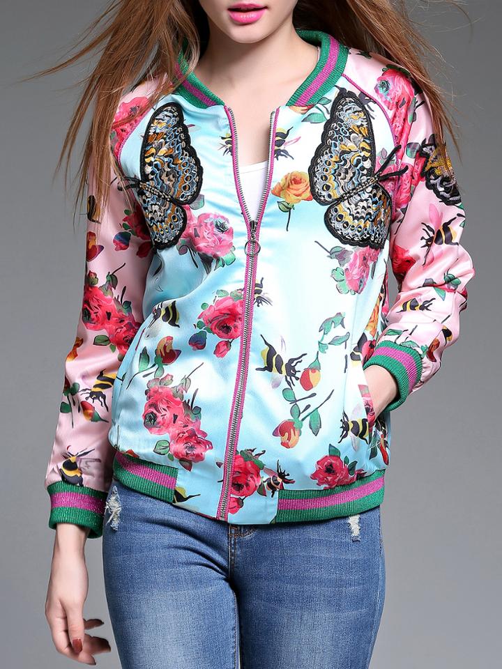 Romwe Multicolor Butterfly Flowers Print Zipper Coat