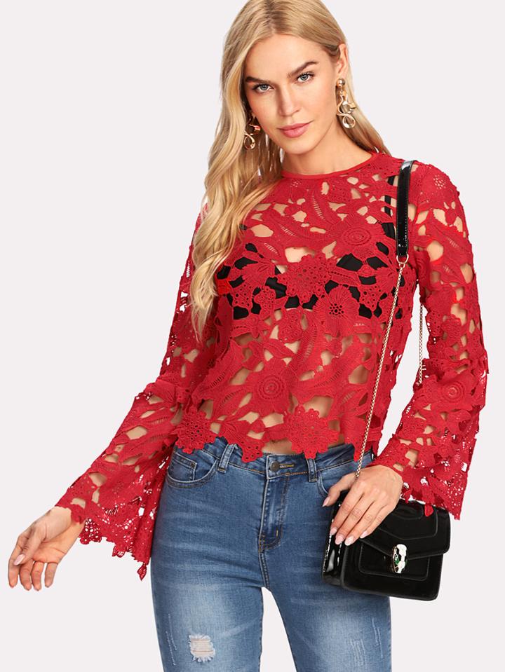 Romwe Flounce Sleeve Guipure Lace Top