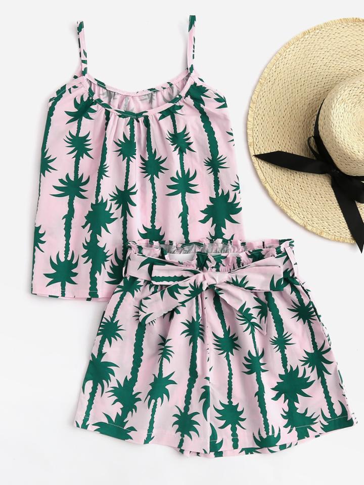 Romwe Coconut Trees Random Cami Top With Belt Shorts