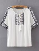 Romwe White Knotted Collar Tribal Embroidered Blouse