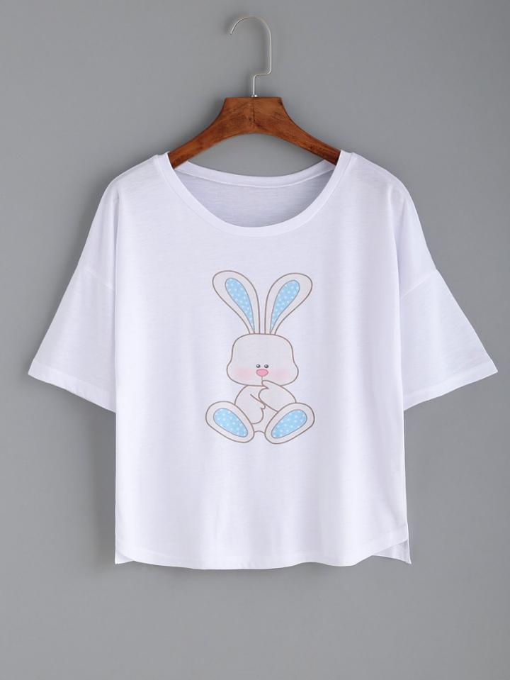 Romwe White Rabbit Print Drop Shoulder T-shirt