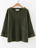 Romwe Army Green Ribbed Rolled Cuff Sweater